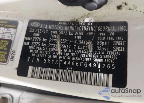 2014 Kia Sorento Lx z USA, uszkodzony, nr VIN 5XYKT4A66EG491265